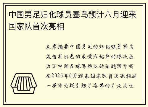 中国男足归化球员塞鸟预计六月迎来国家队首次亮相